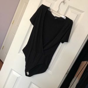 Forever 21 Black Faux Wrap Ribbed Bodysuits